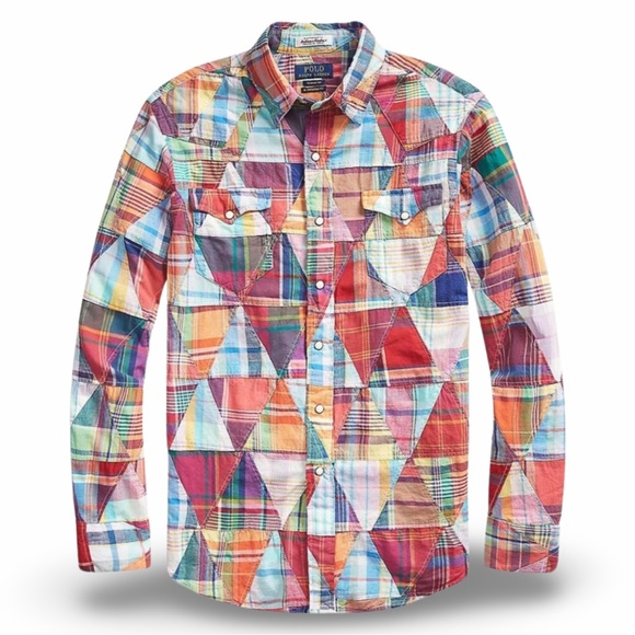 Polo Ralph Lauren Cotton Madras Classic Fit Patchwork Pearl Snap Button Shirt - Picture 9 of 12